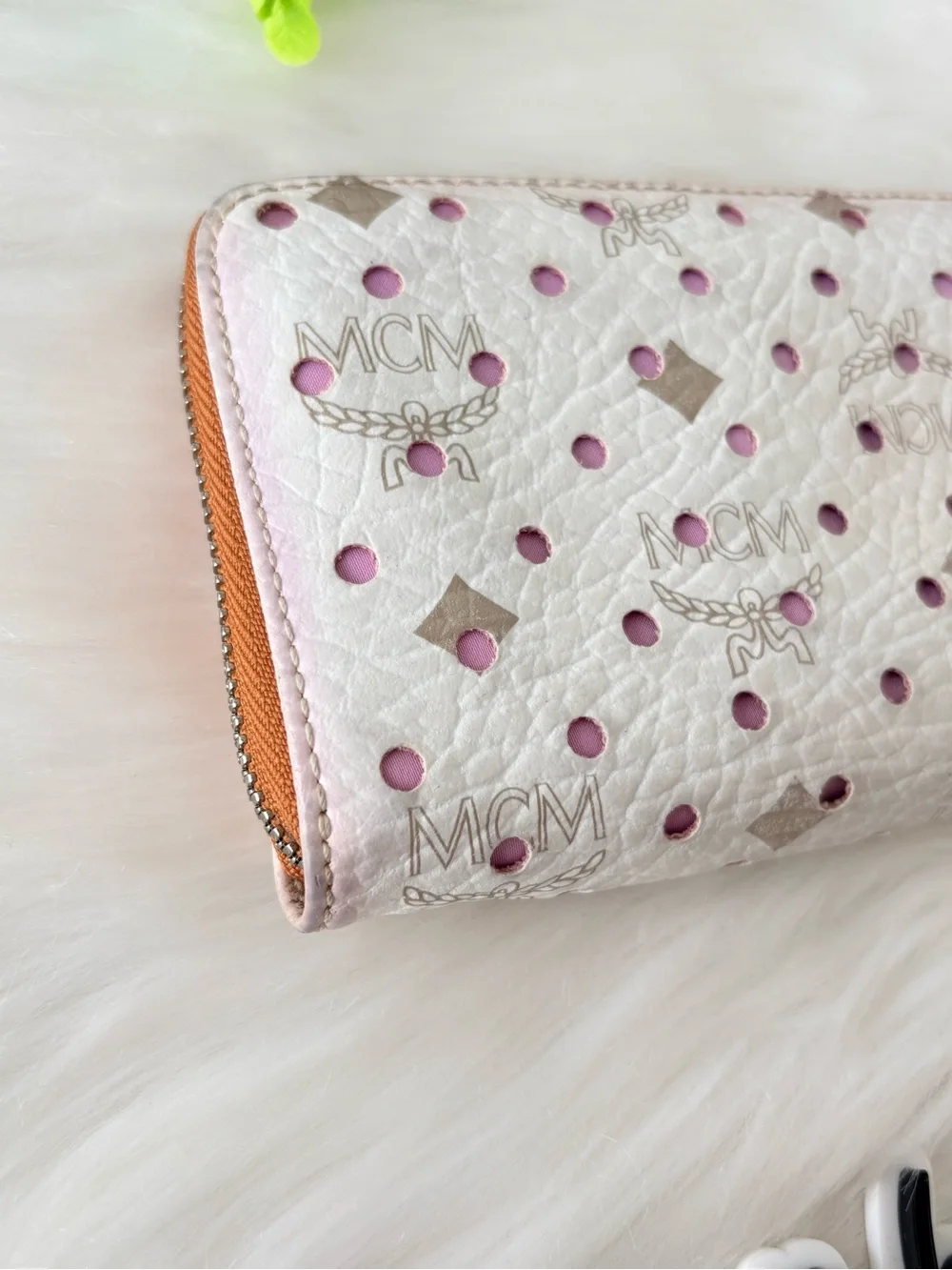 MCM Monogram White Perforated Zip Wallet with Purple Liner. LIMITED EDITION!